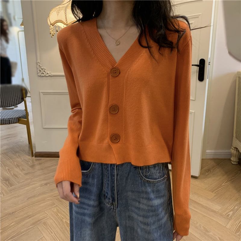 IELGY Women's clothes Jacket Simple Short Thin Knitted sweater Top Black V-neck Long-sleeved