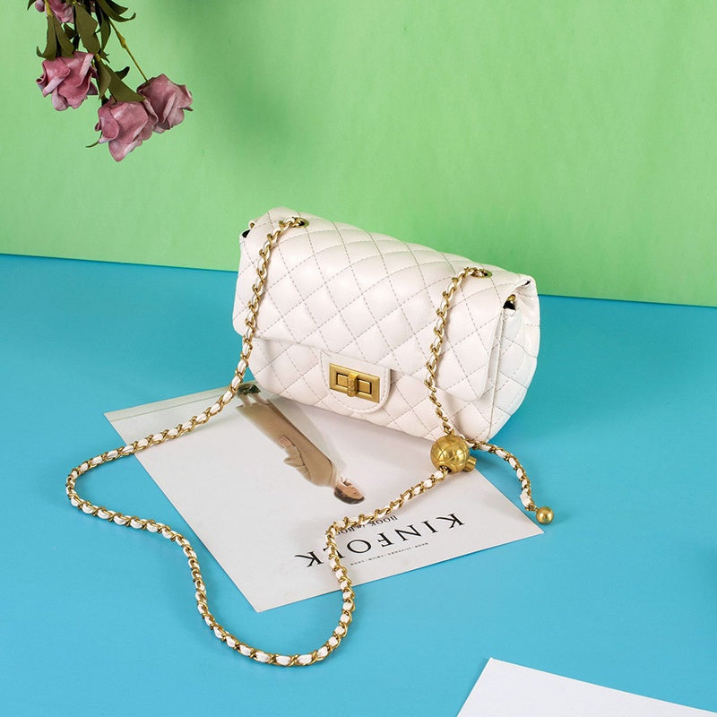 IELGY classic lock diamond chain crossbody handbag small golden ball decoration