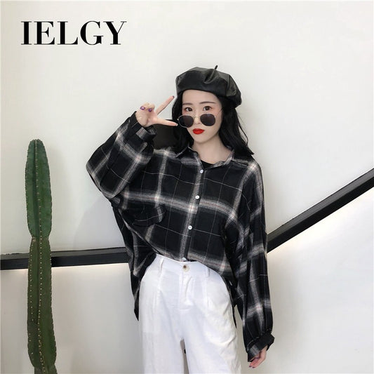 IELGY Korean Plaid Shirt Student Jacket Loose Lapel Long Sleeve Top