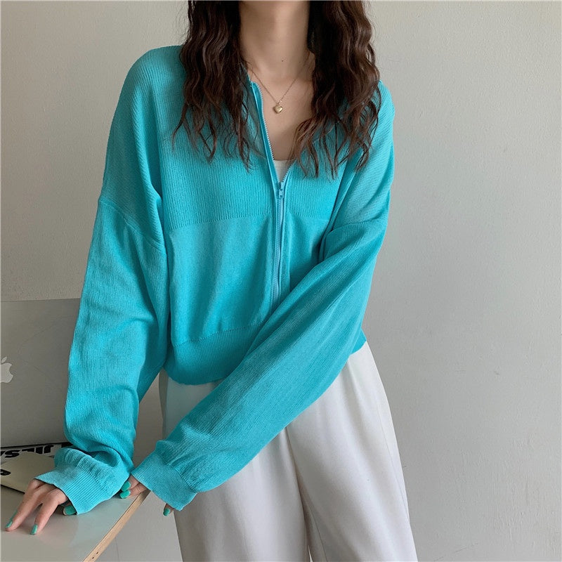 IELGY Fashion Hooded Sunscreen Zipper Breathable Thin Top Women Knitted Cardigan Long Sleeve