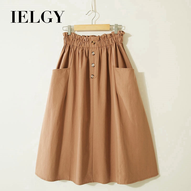 IELGY Solid color high waist literary style A-line skirt