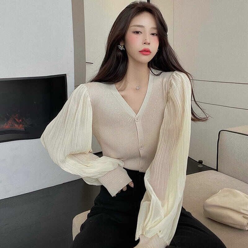 IELGY Fashion Chiffon Long Sleeve Knit Cardigan Korean Version Solid Color V-neck Slim