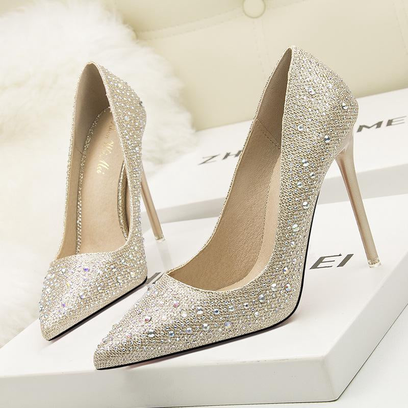 IELGY Women's fashion sweet and elegant 11cm stiletto heels with pointed diamond wedding shoes