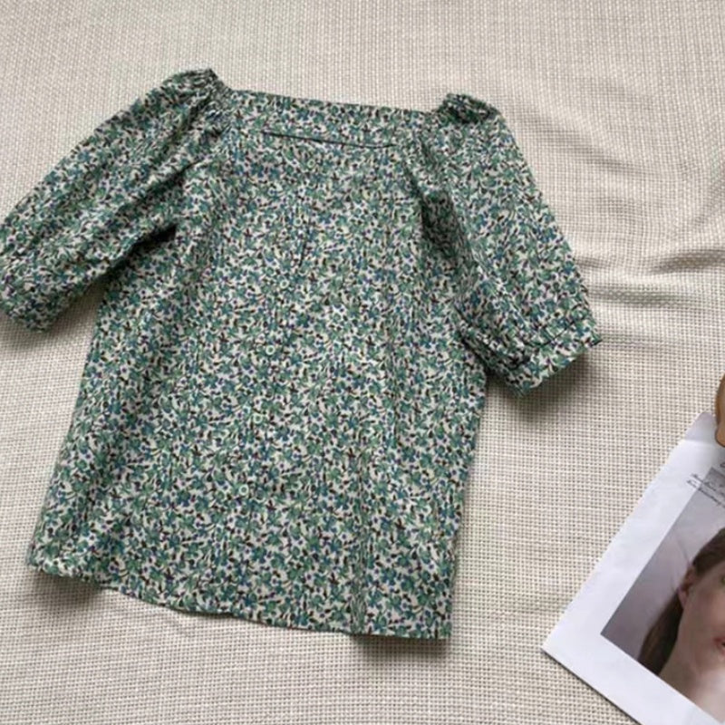 IELGY foreign style chiffon retro one-word collar floral summer design sense foreign style fashion short-sleeved shirt