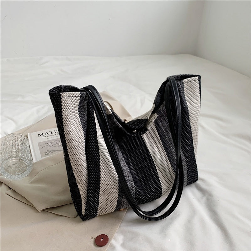 IELGY Canvas Stripe Bag Large Capacity Female Bag Trend Summer Simple