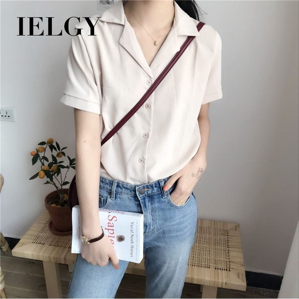 IELGY Women's Shirt Korean Temperament Chiffon Short Sleeve Loose Top