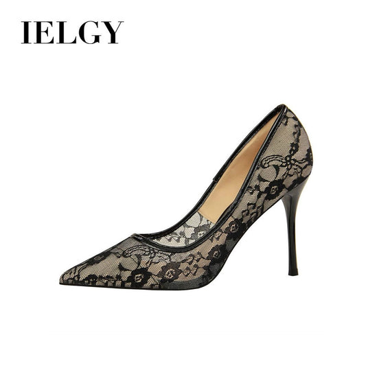 IELGY Sexy high-heeled women's shoes with stiletto pointed mesh cutout lace shoes