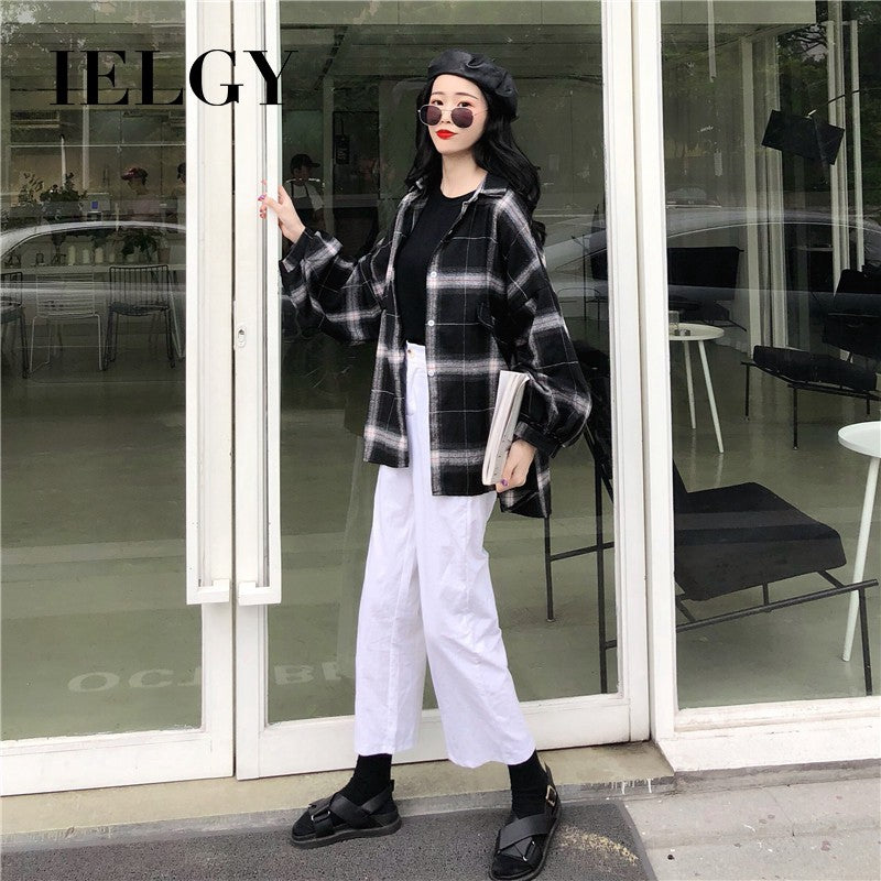 IELGY Korean Plaid Shirt Student Jacket Loose Lapel Long Sleeve Top