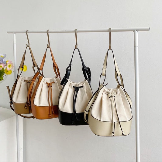 IELGY Korean version Diagonal Portable Fashion Bucket Canvas Women's bag One-shoulder All-match Stitching
