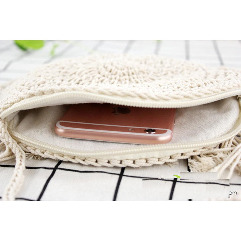 IELGY Handmade round tassel woven bag beach handbags