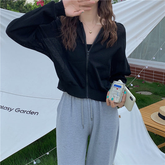 IELGY Fashion Hooded Sunscreen Zipper Breathable Thin Top Women Knitted Cardigan Long Sleeve