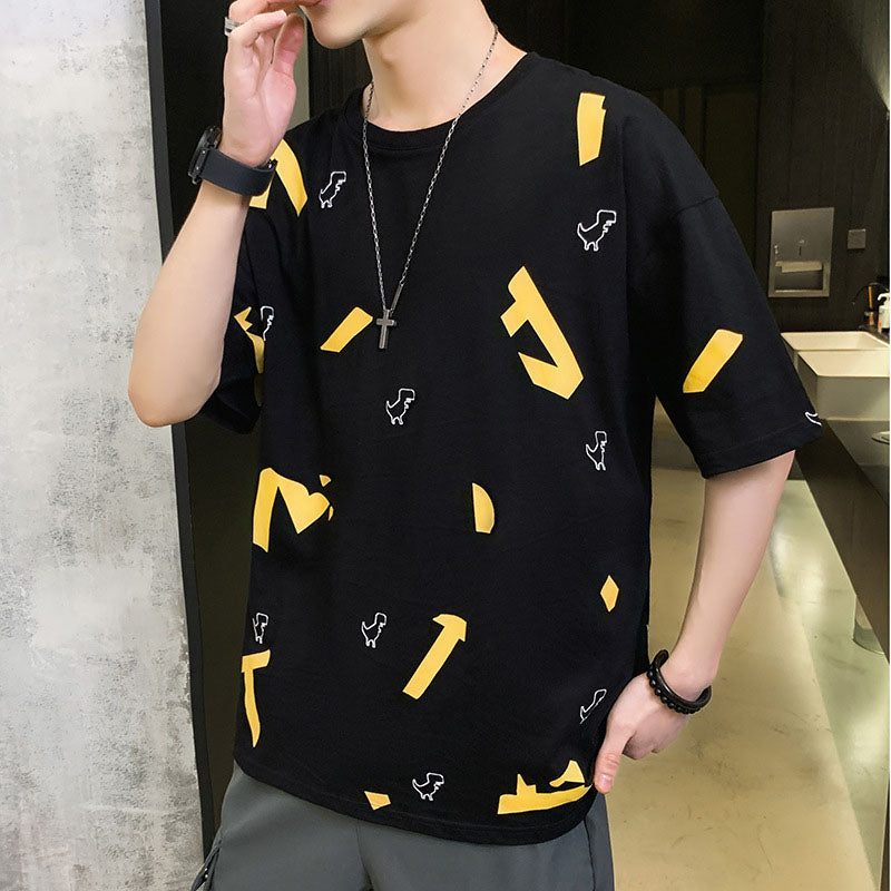 IELGY cotton black round neck half sleeves Short-sleeved T-shirt bottoming shirt comfortable breathable loose cartoon print man not easy to start