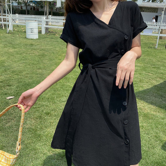 IELGY Women's clothes waist retro tie medium length fashion thin dress yellow all-match
