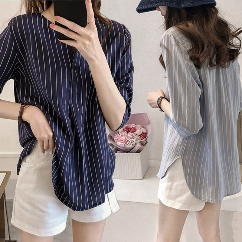 IELGY Leaked clavicle striped cropped sleeve top Han Fan student ins super fire shirt autumn