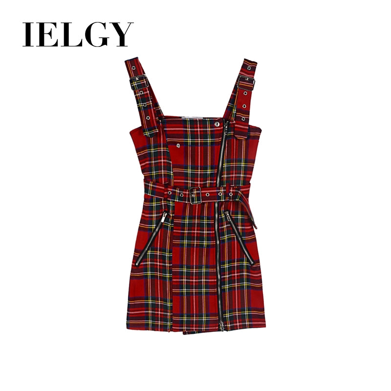 IELGY High Waist Plaid Dress  Shoulder strap temperament skirt, high waist, slim, plaid color matching zipper design skirt