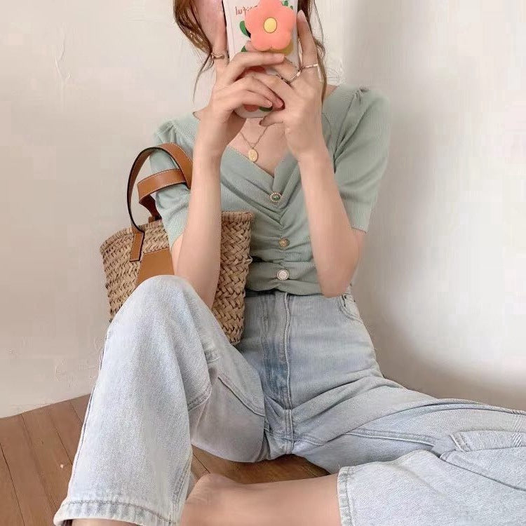 IELGY Retro V-neck knitted waist puff sleeve short top