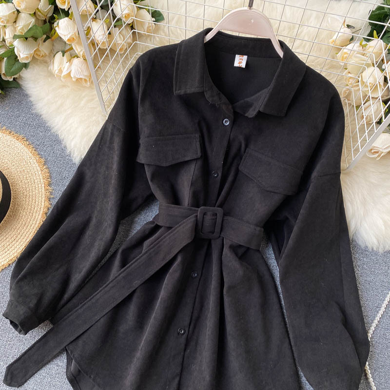 IELGY Women's clothes big pockets all-match V-neck tooling ties retro fashion shirts long sleeves