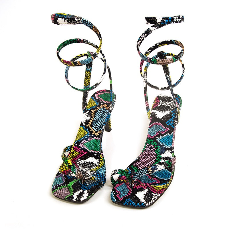 IELGY Fashion Large Snake Pattern Stiletto Sandals Square Toe Open Toe