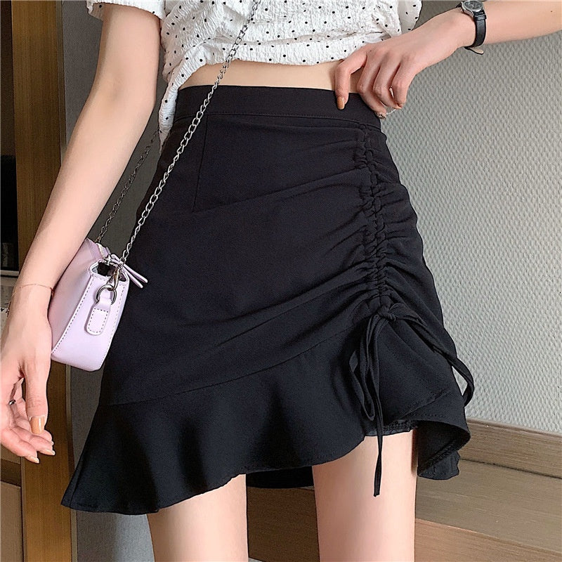 IELGY black short skirt summer high waist retro skirt design niche A-line thin skirt