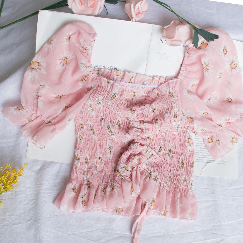 IELGY Chi Ruffle versatile Pleated Chiffon shirt 2020 new bubble sleeve drawstring lace up top