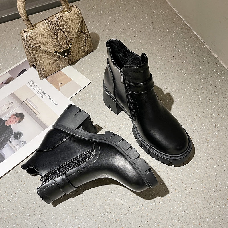 IELGY black round toe high-heeled Martin boots thick heel waterproof platform female trend