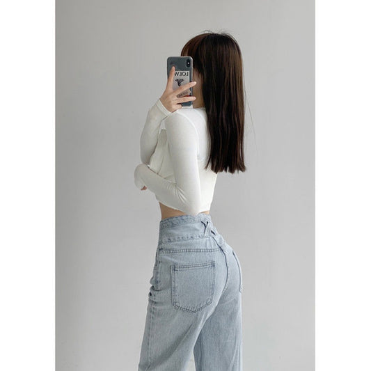IELGY retro high-waist three-breasted straight jeans loose drape is thin and versatile