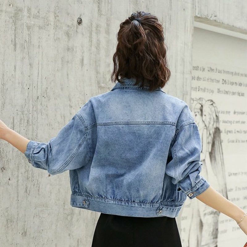 IELGY fashion denim jacket female port style short denim jacket loose bf all-match top