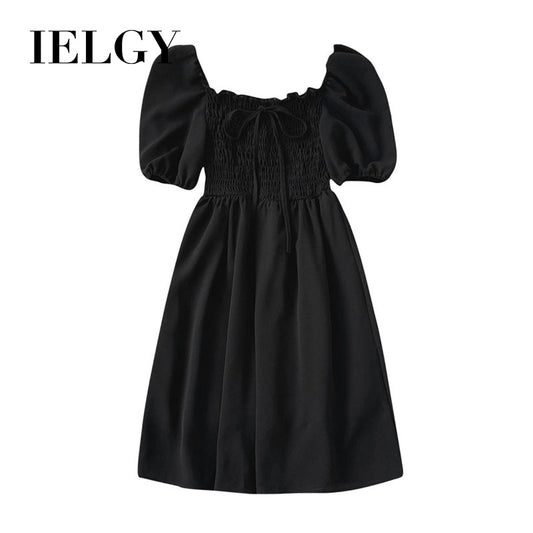 IELGY Women's Korean style temperament all-match waist slim solid color short-sleeved dress Solid color A type