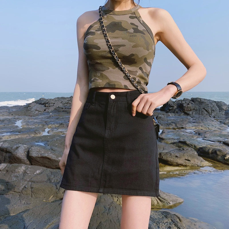 IELGY small denim slim short skirt A-line high waist bag hip slim fashion skirt