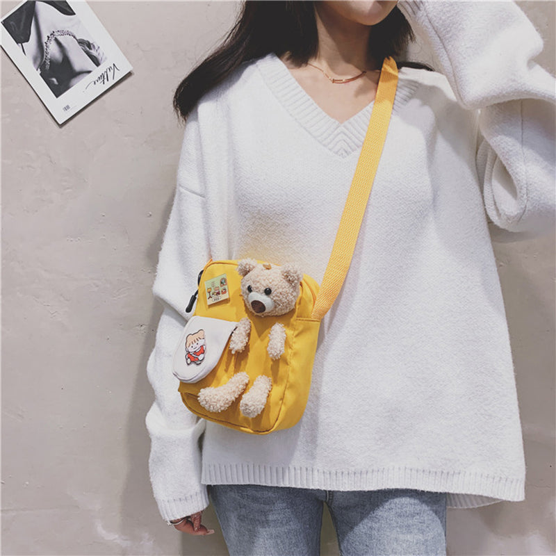 IELGY fashion bear cartoon style canvas messenger bag yellow Harajuku Korea cute Japanese