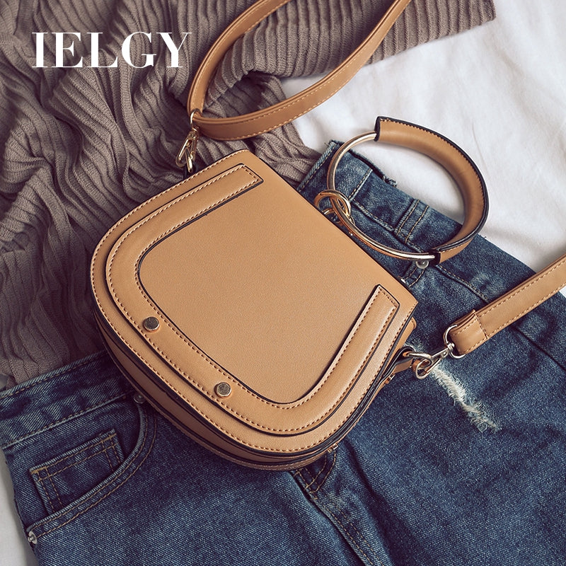 IELGY Saddle Bag Ring Studded Tote Crossbody Bag