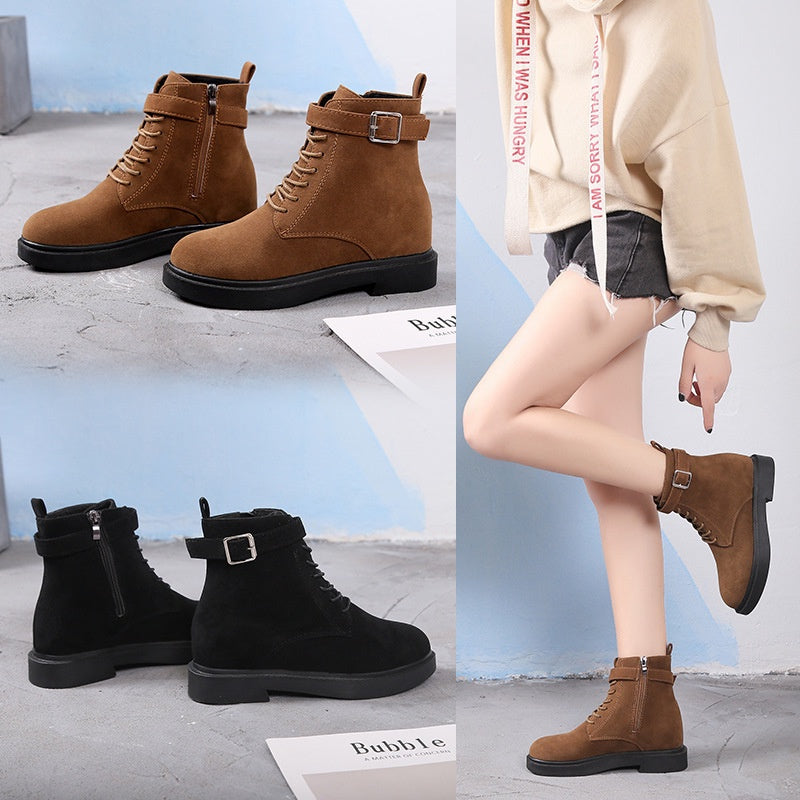 IELGY Fashion Belt Buckle Women's Boots Lace-up Flat Women Suede Korean Style