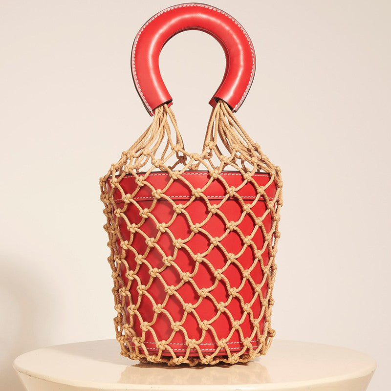 IELGY Fishing net bucket bag hand-woven rope grid hand bag