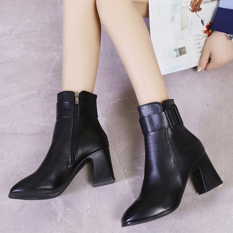 IELGY Fashion Women's Leather Boots PU Square Heel Round Toe Side Zipper Artificial Short Plush Short Tube