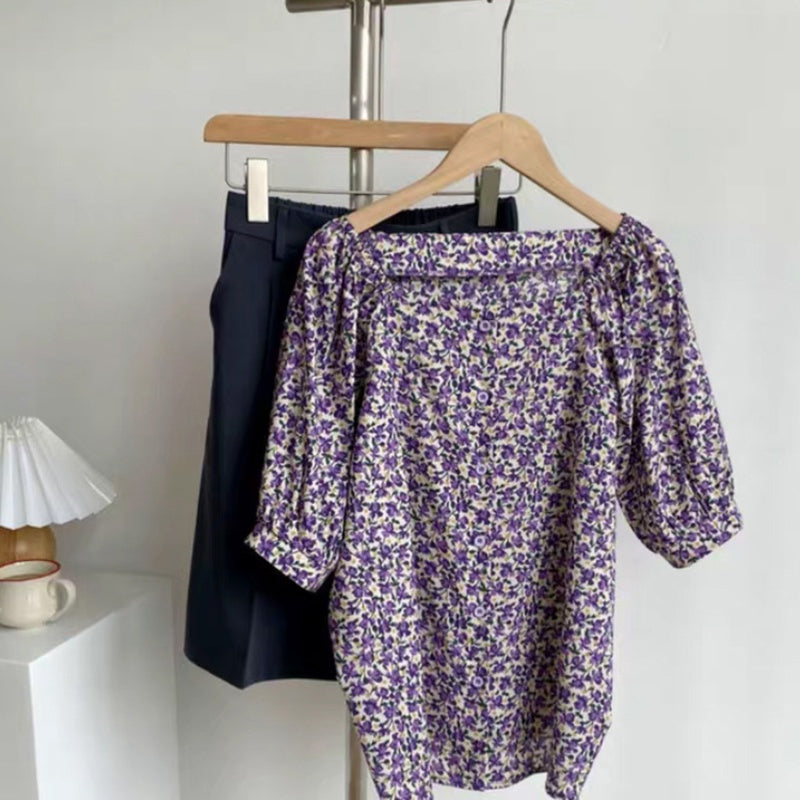 IELGY foreign style chiffon retro one-word collar floral summer design sense foreign style fashion short-sleeved shirt