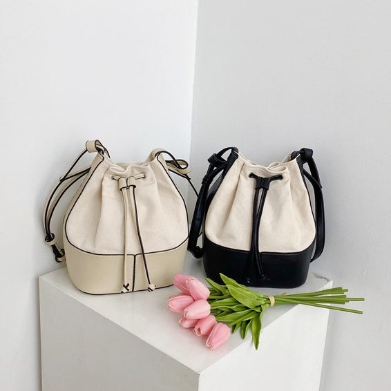 IELGY Korean version Diagonal Portable Fashion Bucket Canvas Women's bag One-shoulder All-match Stitching