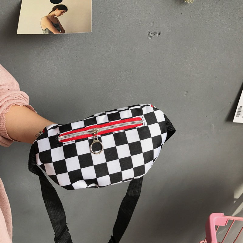 IELGY Black and white lattice fashion sports chest pockets small bag