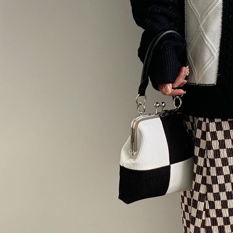 IELGY color matching checkerboard corduroy fashion retro crossbody handbag