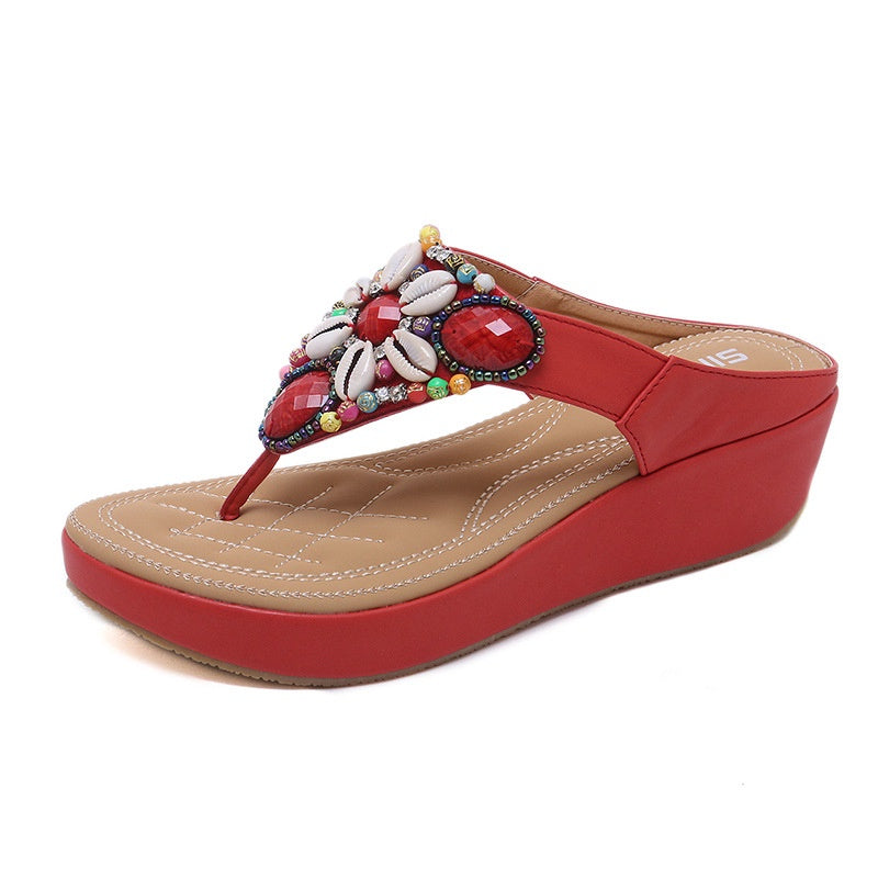 IELGY Large size sandals women leisure beach bohemian beaded 5cm wedge