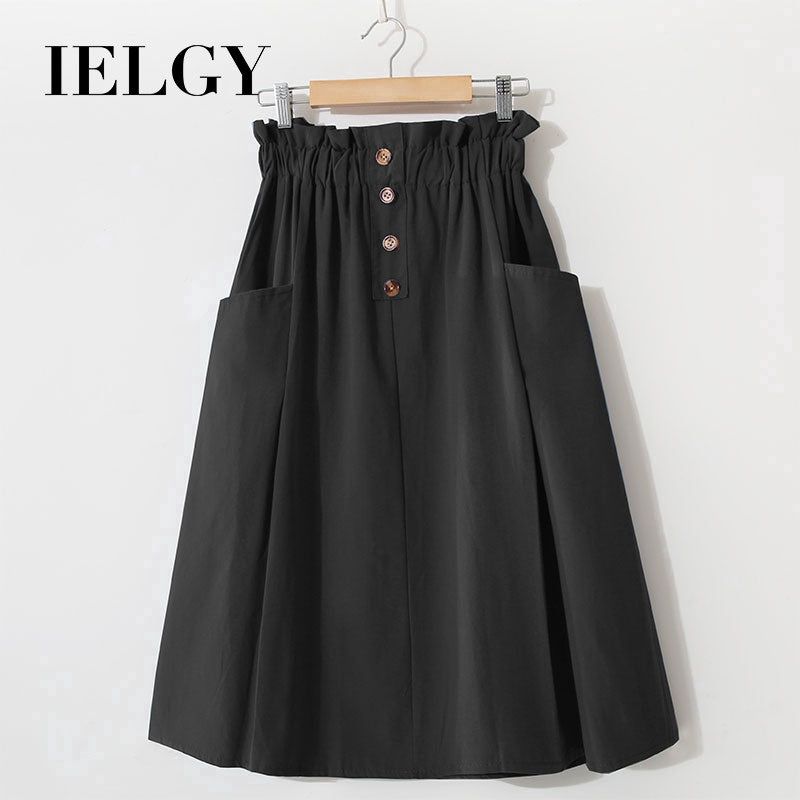 IELGY Solid color high waist literary style A-line skirt