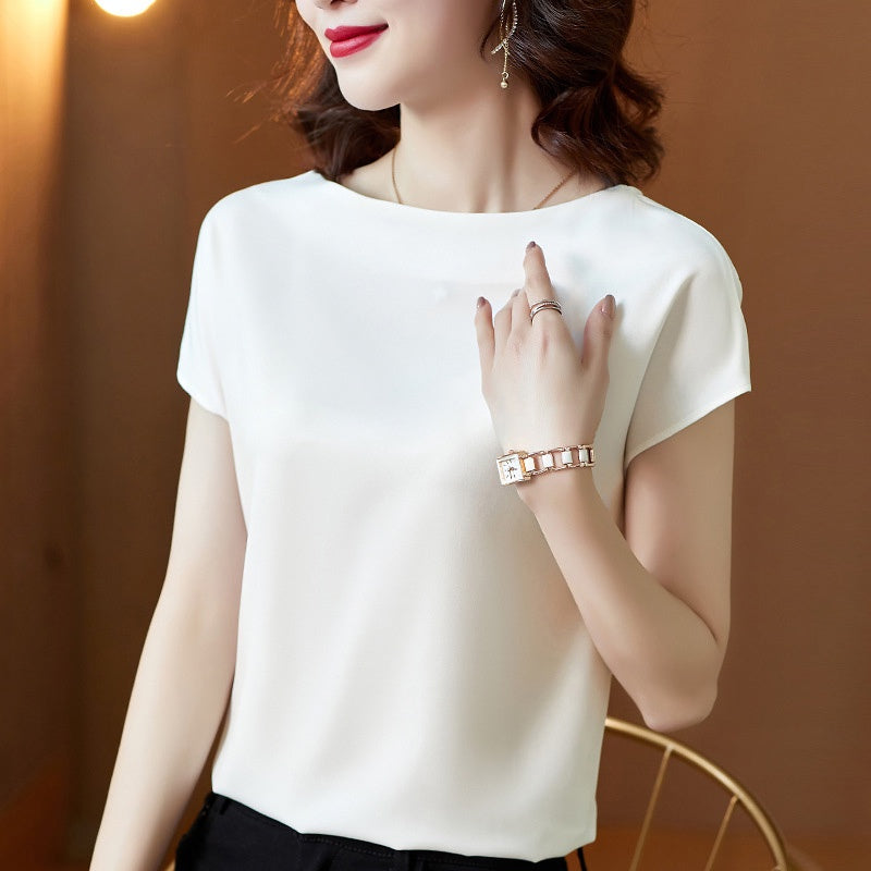 IELGY round neck short-sleeved t-shirt solid color mulberry silk top bottoming shirt