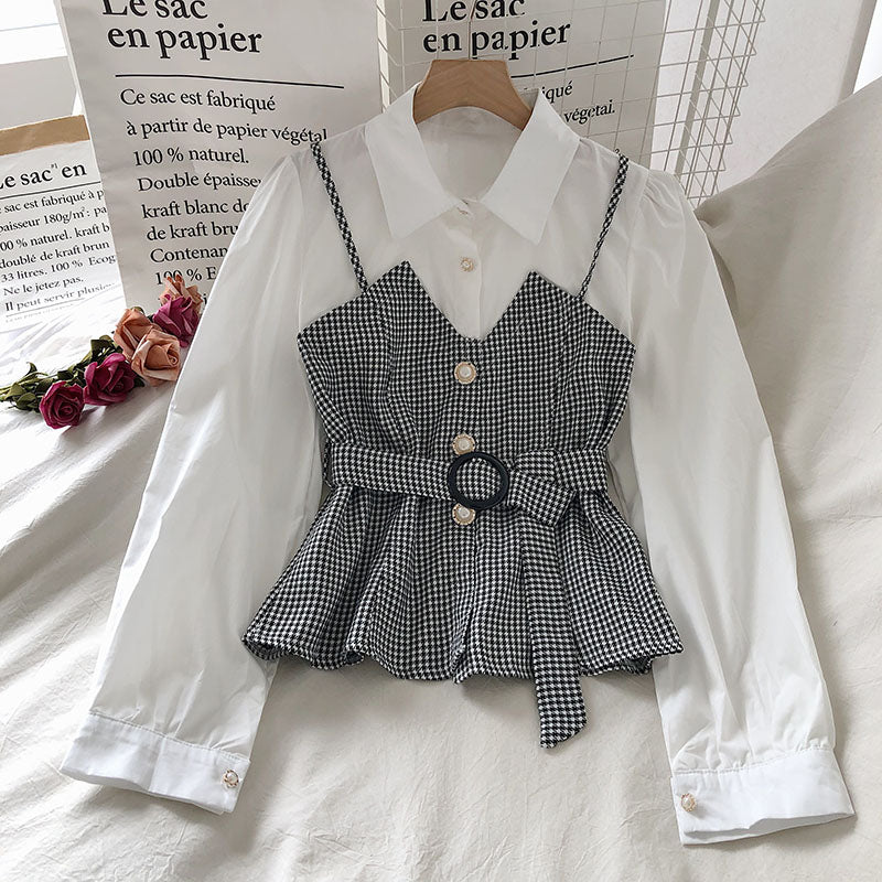 IELGY Lapel Commuter Women's shirt Check Slim fit Autumn Contrast color Fake two-piece Fashion