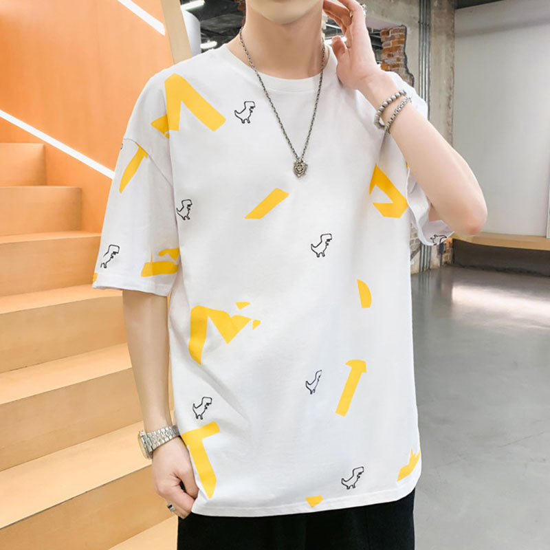 IELGY cotton black round neck half sleeves Short-sleeved T-shirt bottoming shirt comfortable breathable loose cartoon print man not easy to start