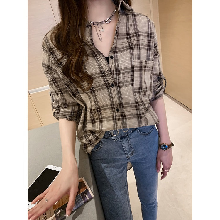 IELGY spring Korean style temperament long-sleeved plaid shirt women loose design blouse casual shirt