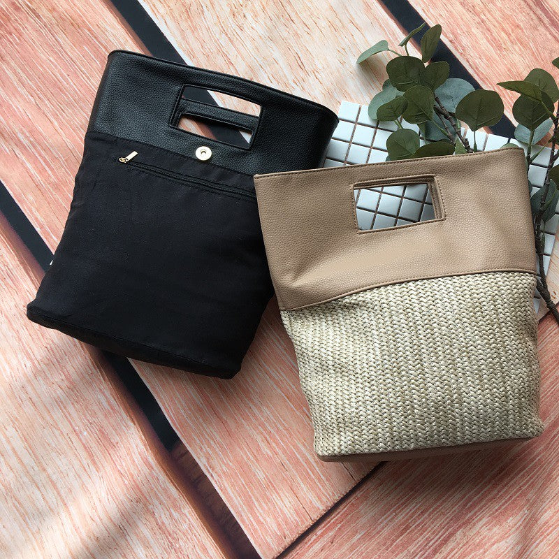 Straw bag hit color stitching handbag