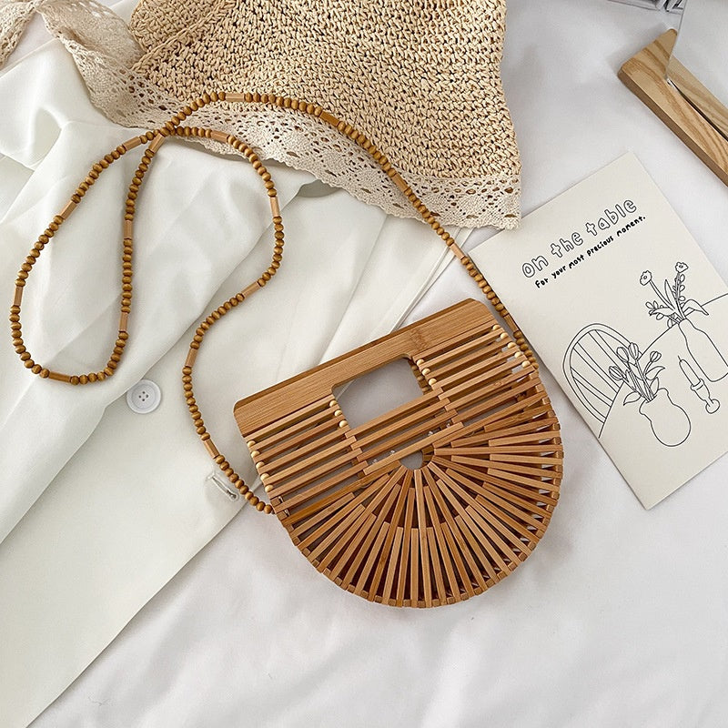 IELGY Hollow Fashion Messenger Bag Women's Bamboo Half Round Beach