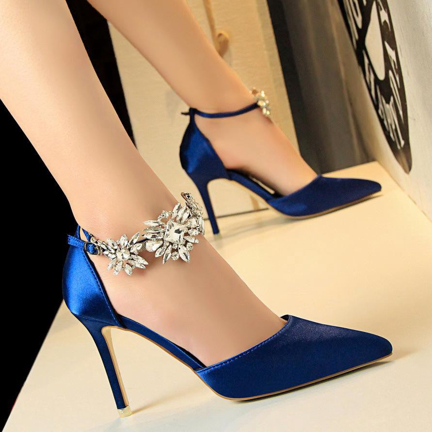 IELGY Women's high heels stiletto satin hollow shallow pointed rhinestone word with sandals