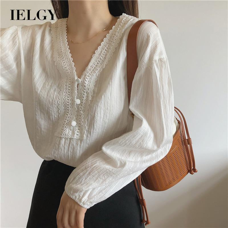IELGY Ladies Long Sleeve V-neck Stitching Chiffon White Shirt Loose and Thin