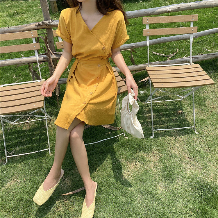 IELGY Women's clothes waist retro tie medium length fashion thin dress yellow all-match