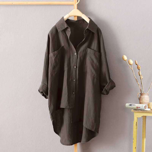 IELGY Casual style solid color shirt autumn wild new women's cardigan double pocket long sleeve temperament top